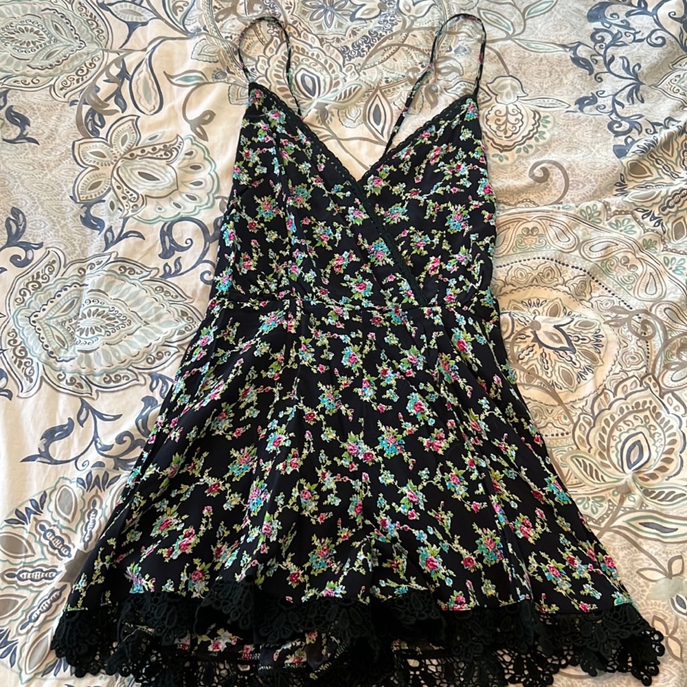 Floral Strappy Romper with Lace Hem